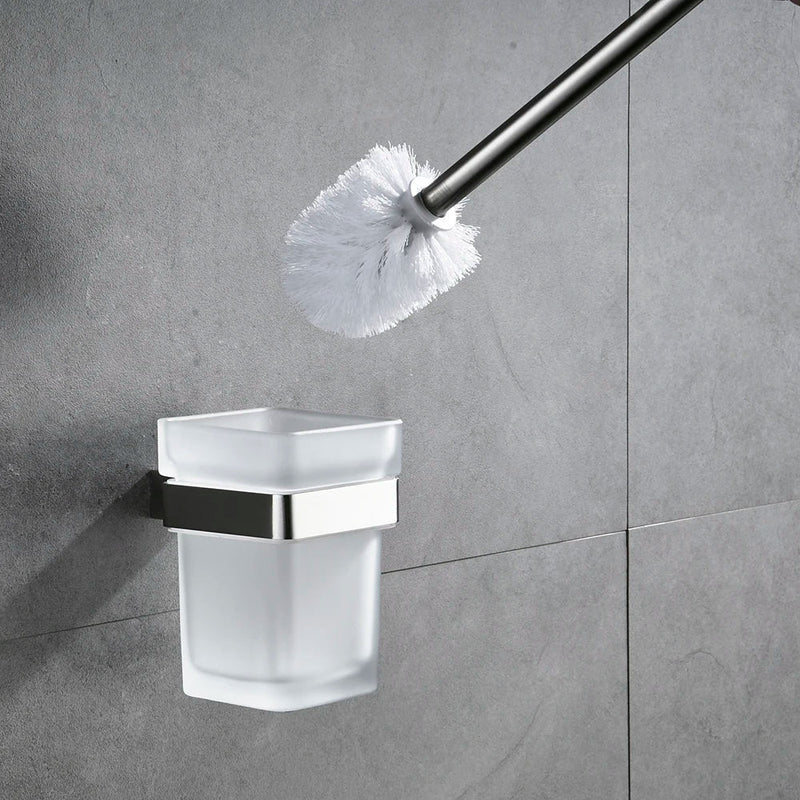 Afralia™ Stainless Steel Toilet Brush Holder with Square Glass Cups, Bathroom Hardware Square Style