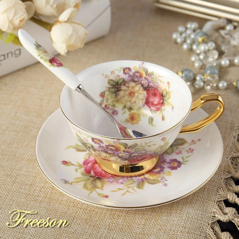 Afralia™ Elegant Floral Bone China Tea Cup Set 200ml - Premium Porcelain Teacup Saucer Spoon