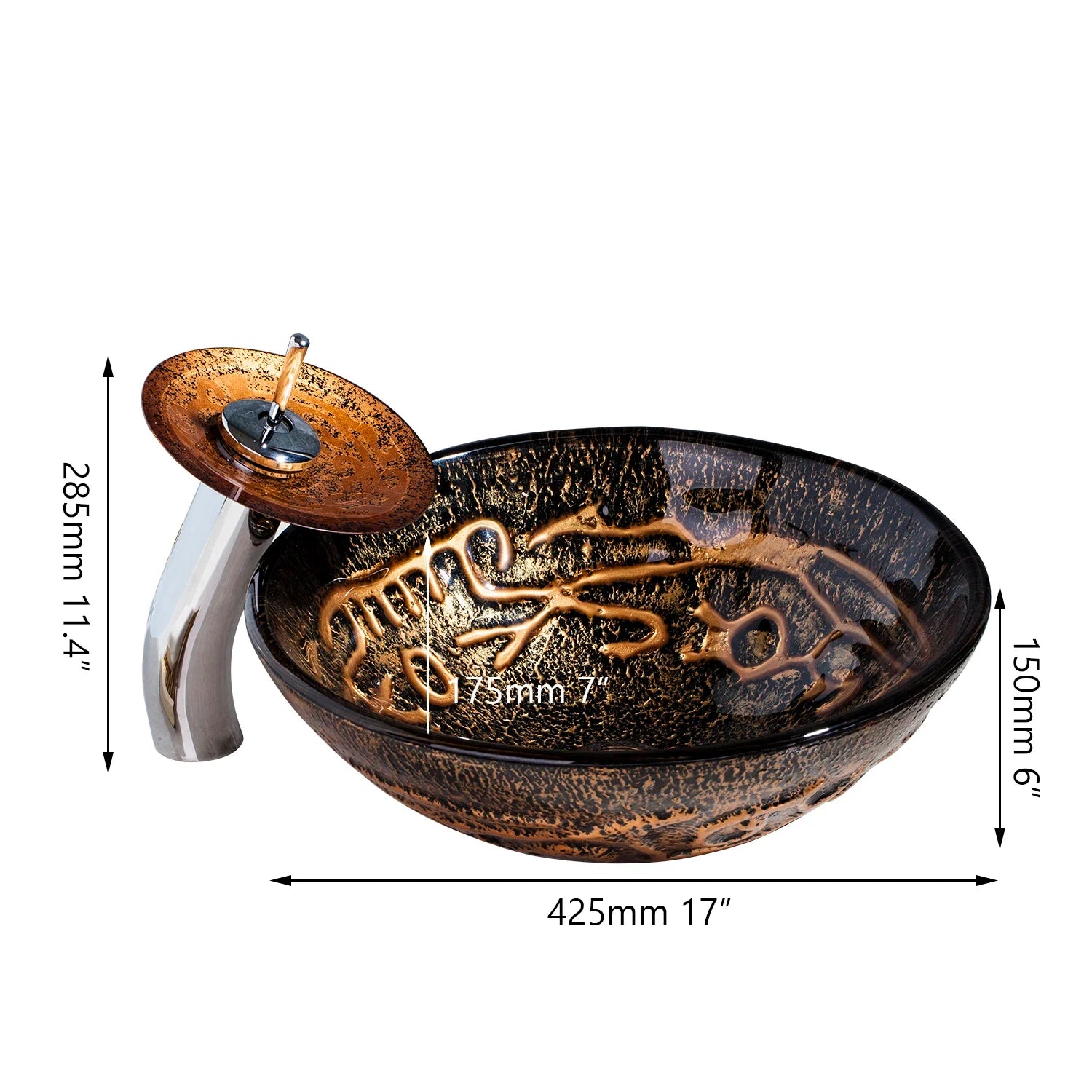 Afralia™ Brown Hand-Paint Glass Wash Basin Set with Gold Chrome Waterfall Faucet