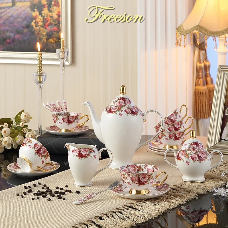 Afralia™ Porcelain Tea & Coffee Set, Elegant Bone China Floral Design, Teapot, Cups, Saucers