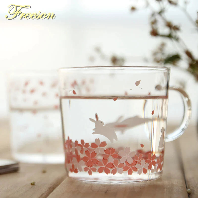 Afralia™ Sakura Glass Coffee Mug Cat Deer Rabbit Tea Cup Maid Drinkware