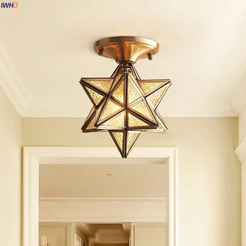 Afralia™ Vintage Star Copper Glass Ceiling Lamp LED Lighting fixture for Kitchen, Hallway, Balcony, Porch.