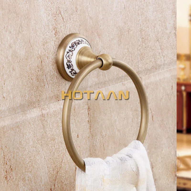 Afralia™ Round Brass Towel Ring with Ceramic - Antique Brass Wall-Mounted Towel Holder