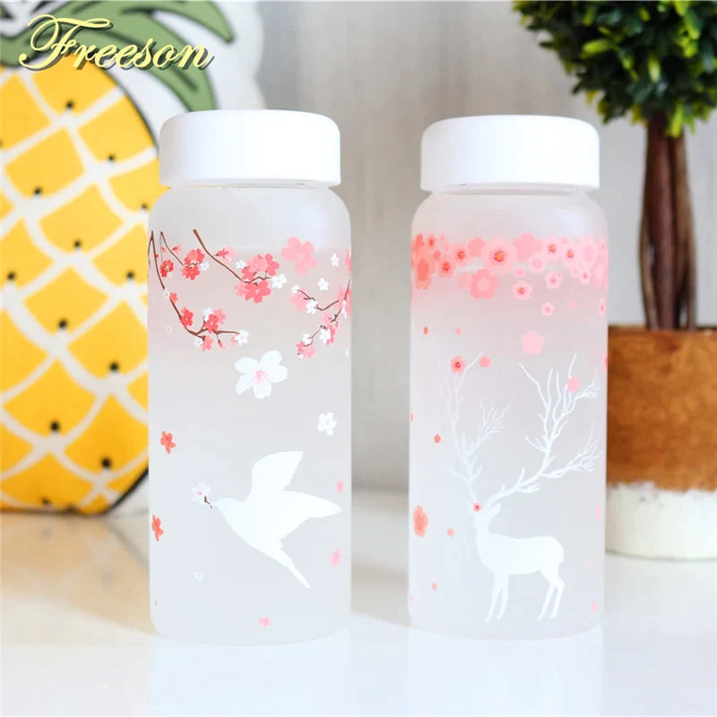 Afralia™ 430ml Swallow Frost Glass Water Bottle with Sleeve, Elk Design