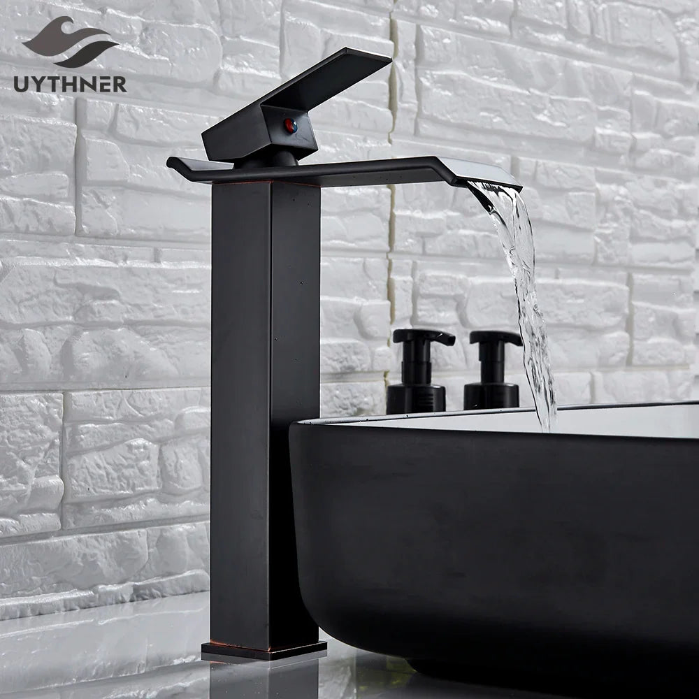 Afralia™ Chrome Black Brushed Basin Faucet Mixer Tap Hot Cold Water Bathroom Sink.