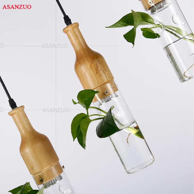 Afralia™ Modern Wood Glass Bottle Plant Pendant Light Industrial Decor E27 LED Lamp Fixture