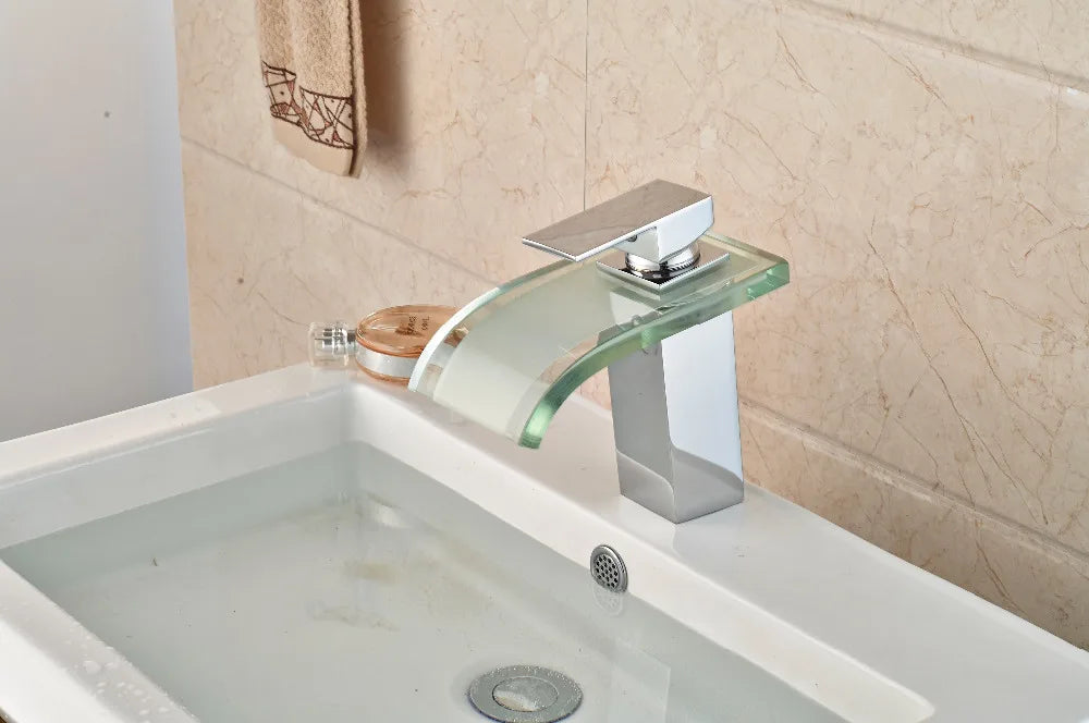 Afralia™ LED Glass Waterfall Basin Faucet | Square Single Handle Bathroom Sink Mixer