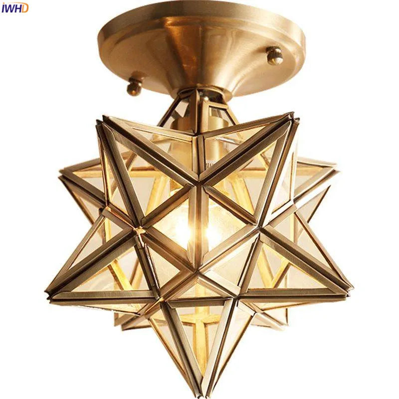 Afralia™ Vintage Star Copper Glass Ceiling Lamp LED Lighting fixture for Kitchen, Hallway, Balcony, Porch.