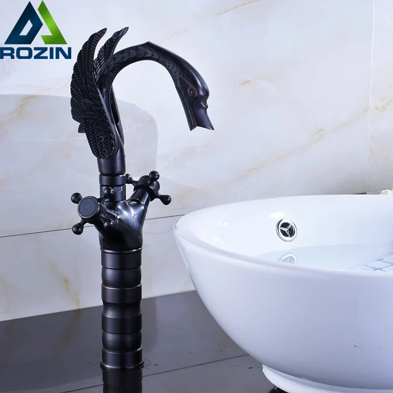 Afralia™ Black Bronze Swan Basin Faucet Dual Cross Handle Deck Mounted Bathroom Mixer