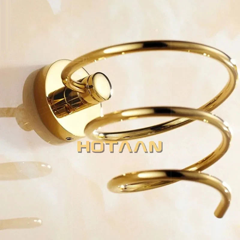 Afralia™ Brass Hair Dryer Holder Stand Shelf Rack in Gold Color Solid & Anti-rust (YT-8204)