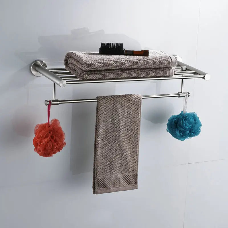 Afralia™ Wall Mounted Folding Brushed Nickel Towel Rail Holder Shelf Bar Hanger