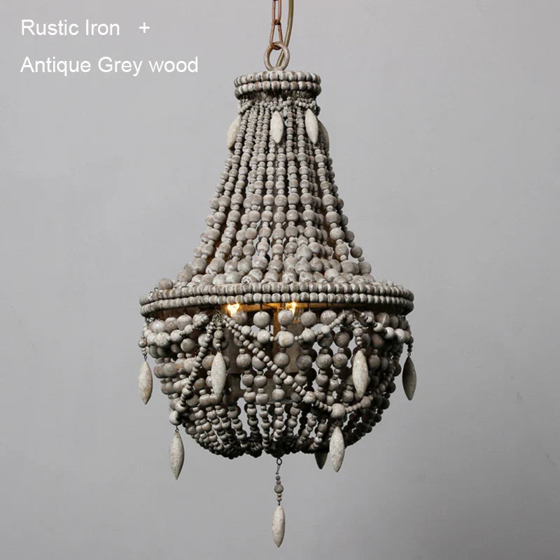 Afralia™ Vintage French Wood Bead Chandelier Retro Black Kitchen Bedroom Lighting