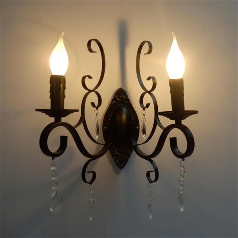 Afralia™ Black Wrought Iron Crystal Candle Wall Lamp