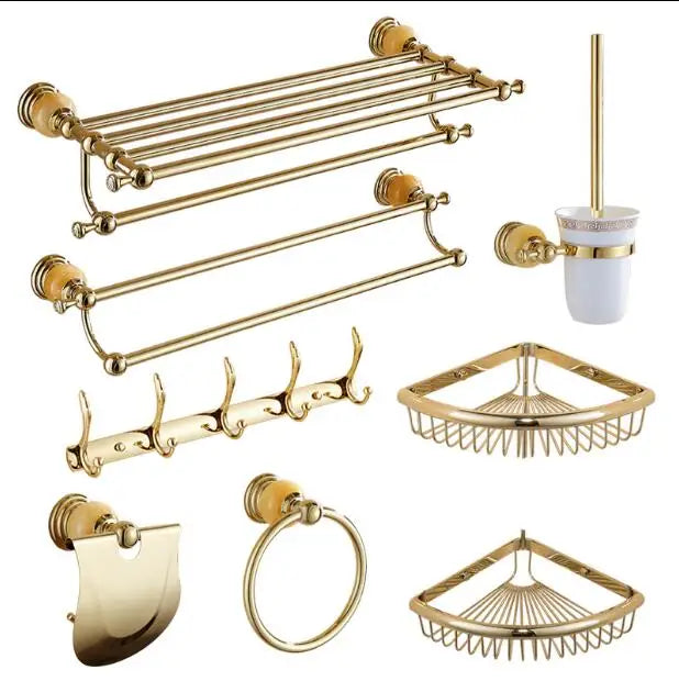Afralia™ Brass & Jade Gold Bathroom Accessories Set: Paper Holder, Towel Bar, Soap Basket