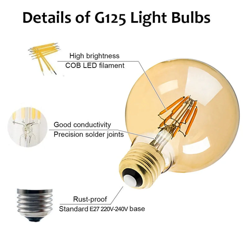 Afralia™ G125 LED Filament Bulb 4W E27 Warm 2200K Dimmable Globe, Equivalent to 40/60W