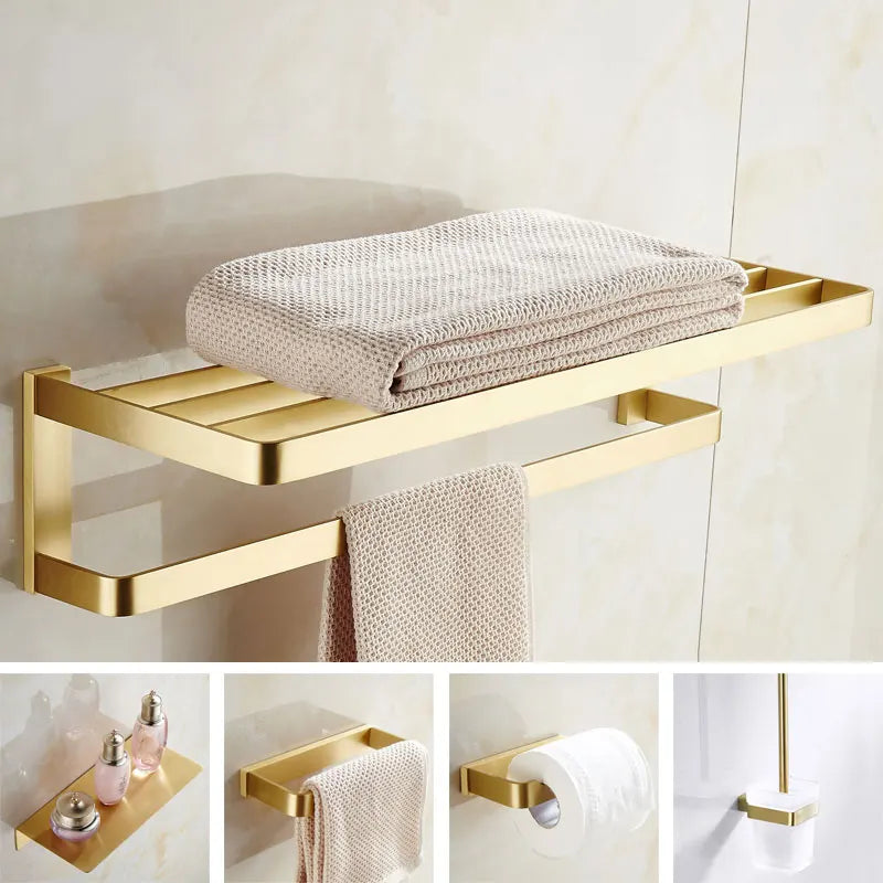 Afralia™ Brushed Gold Bathroom Hardware Set: Towel Rack, Corner Shelf, Paper Holder, Hook, Toilet Brush Holder