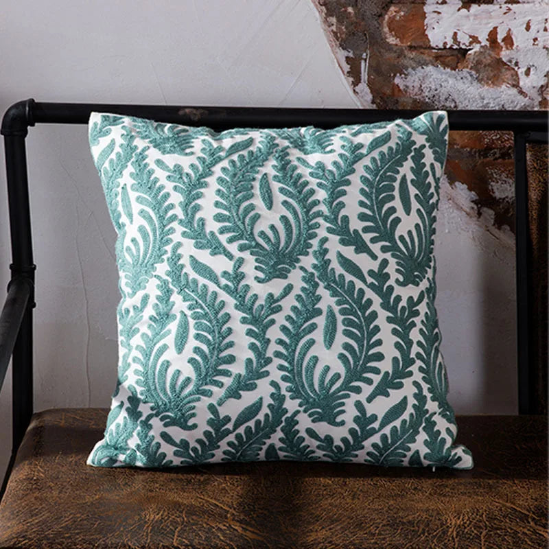 Afralia™ Blue Geometric Embroidered Canvas Cotton Cushion Cover 45x45cm
