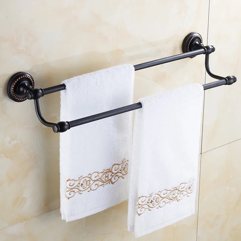 Afralia™ Brass Double Towel Bar Bathroom Shelf Black Towel Rack Holder