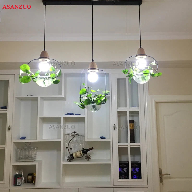 Afralia™ Modern Green Plant Pendant Light with Glass Bowl - Wood Hang Lamp