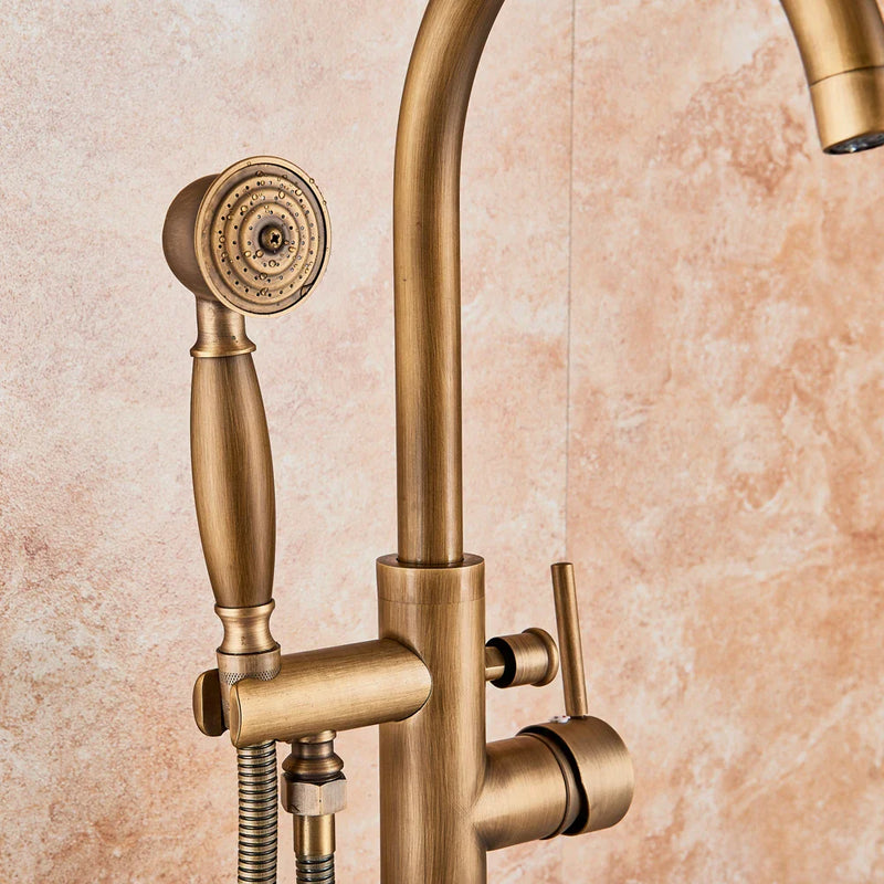 Afralia™ Antique Brass Floor Mount Tub Faucet Swivel Spout Shower Mixer Tap