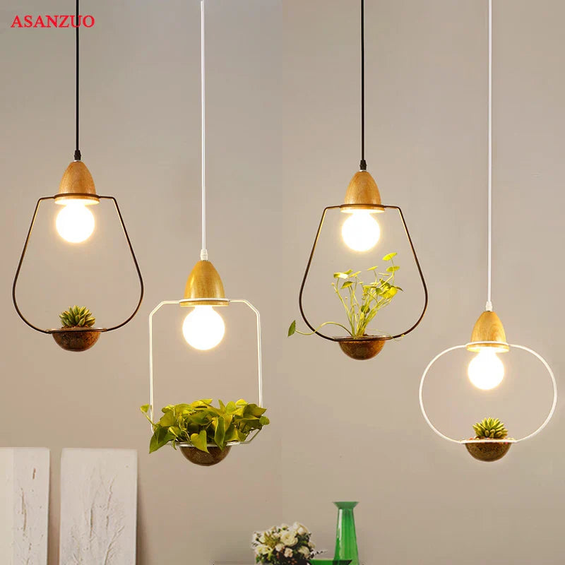 Afralia™ Modern Green Plant Pendant Light with Glass Bowl - Wood Hang Lamp