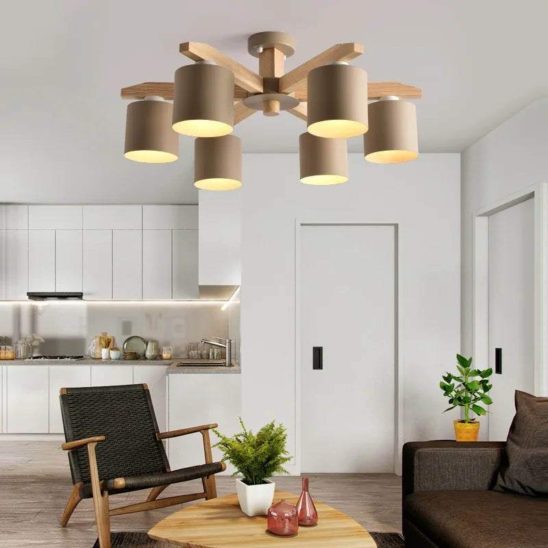 Afralia™ Nordic Wood LED Ceiling Chandelier E27 Creative Lighting Fixtures