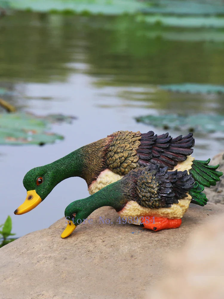 Afralia™ Resin Drinking Duck Sculpture for Garden Courtyard Pond Aquarium Decor