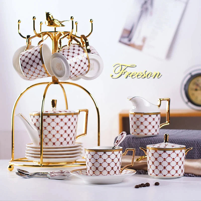 Afralia™ Gold Porcelain Coffee & Tea Set, Elegant Bone China Luxury Ceramics