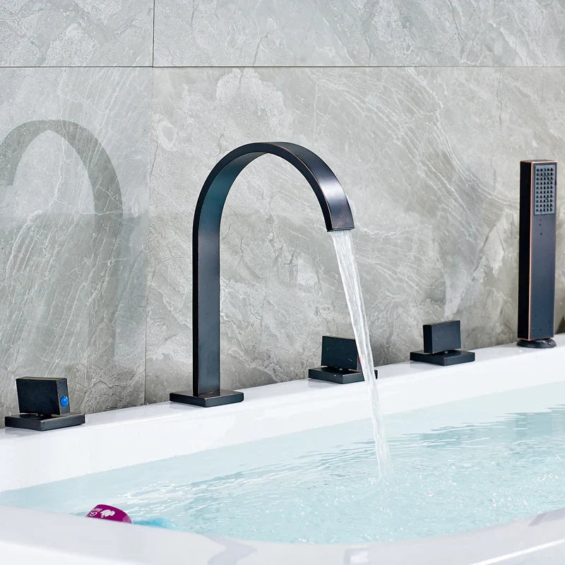 Afralia™ Chrome and Black 3-Handle Bathtub Faucet with Handshower