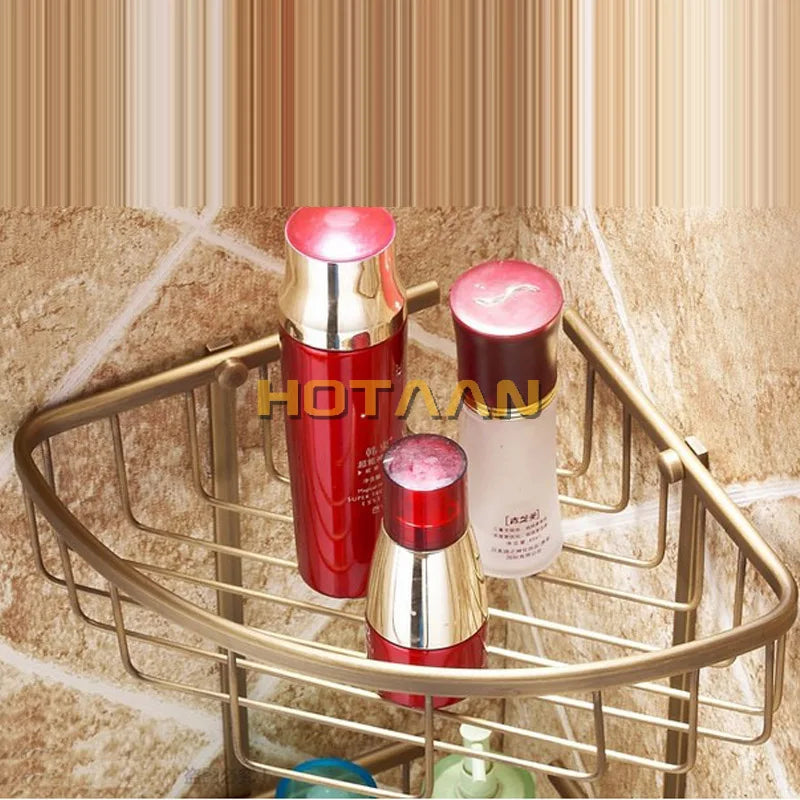 Afralia™ Brass Bathroom Shower Shelf Basket - Double Layer Antique Finish Holder