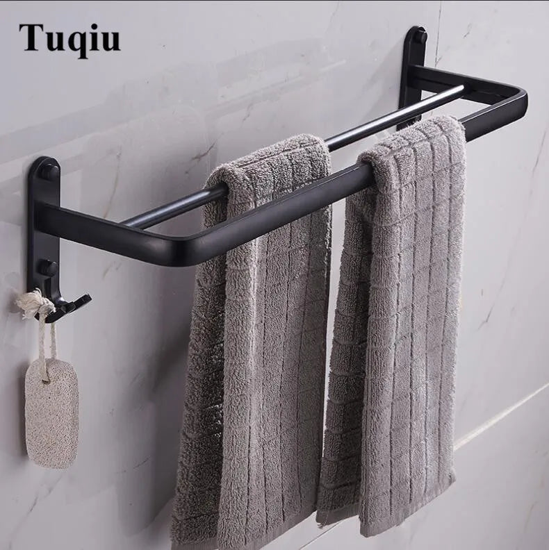 Black Bathroom Set: Afralia™ Space Aluminum Hardware Towel Rack, Paper Holder, Toilet Brush, Robe Hooks