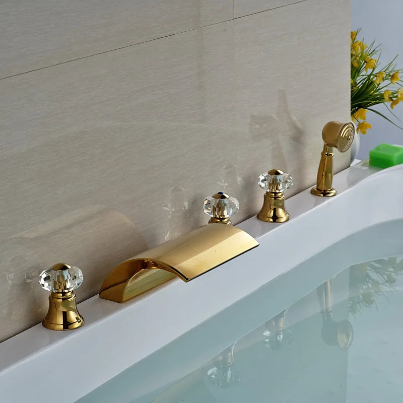 Afralia™ Golden Brass Bathtub Faucet with Handheld Shower - Deck Mounted