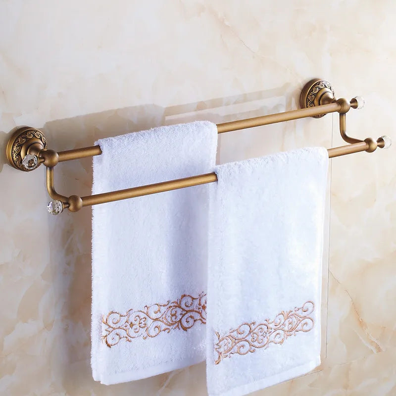 Afralia™ Antique Brass Double Towel Bar Bathroom Shelf Holder Towel Rack