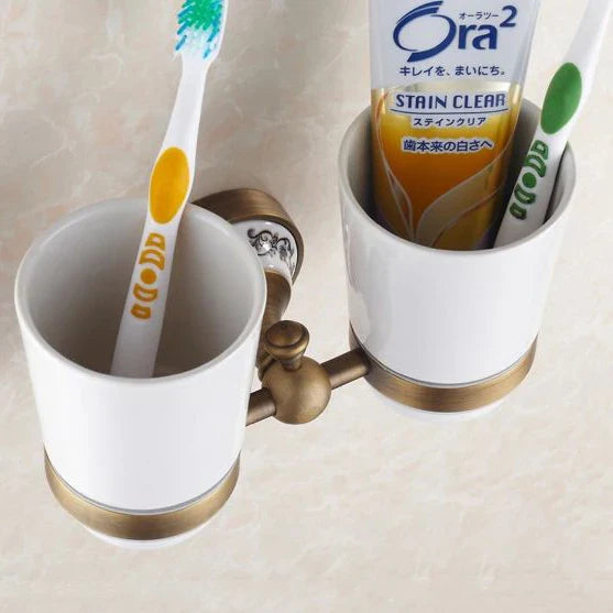 Afralia™ Brass Toothbrush Holder with 2 Cups Bathroom Accessories Wall Mounted Holder