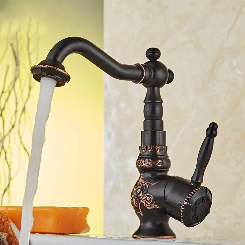 Afralia™ Black Flower Carved Basin Mixer Tap with Swivel Neck, Single Lever Control