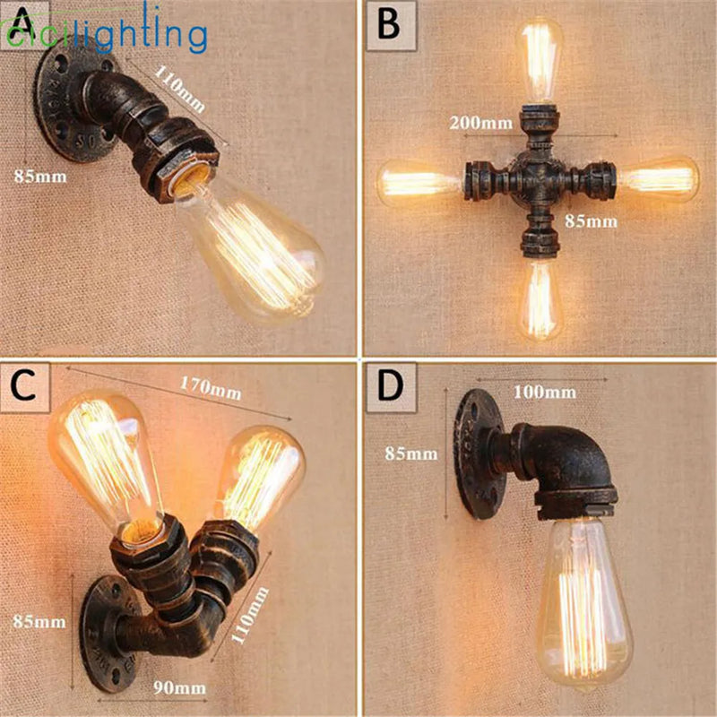 Afralia™ Vintage Iron Rust Water Pipe Wall Lamp E27 Sconce Light Industrial Home Lighting Fixtures