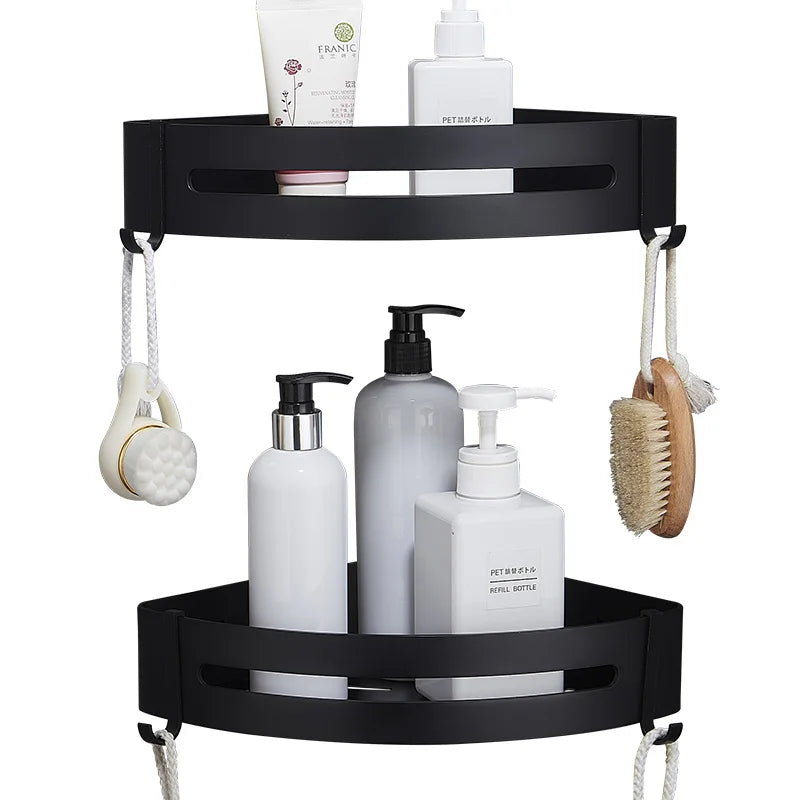 Afralia™ Aluminum Black Corner Basket Cosmetic Rack for Bathroom and Kitchen Storage
