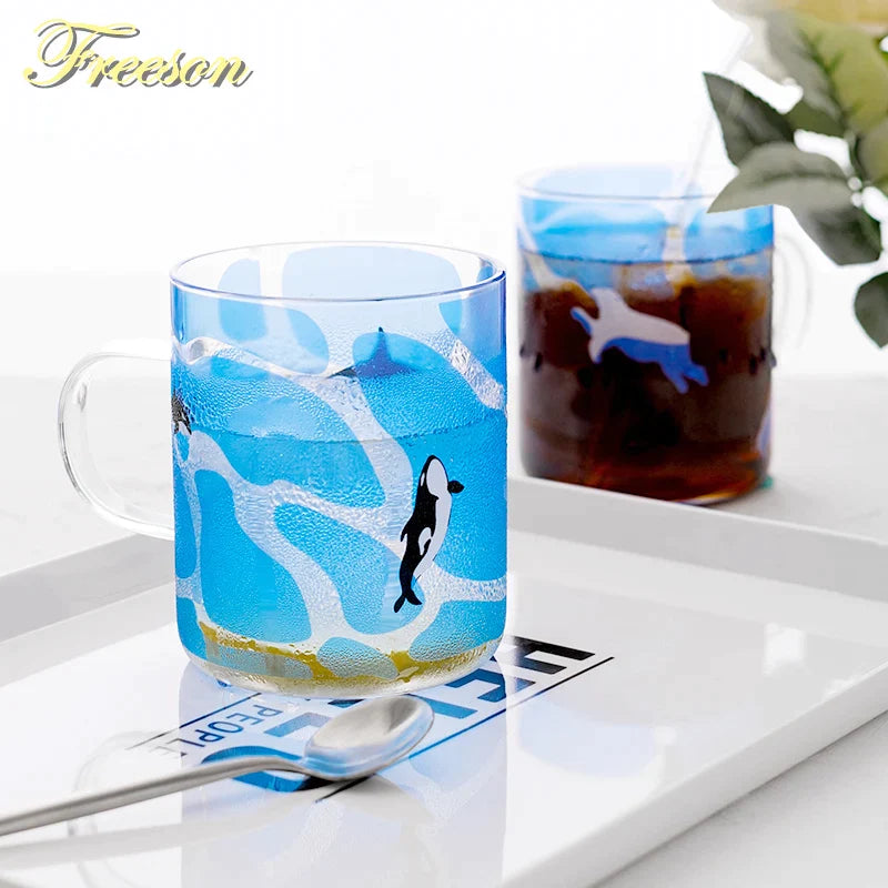 Afralia™ Killer Whale Glass Coffee Mug 350ml: Cute Polar Bear Tea Cup Heat Resistant Glass Beer Mug