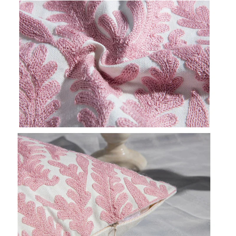 Afralia™ Pink Geometric Embroidered Cushion Cover 45x45cm Cotton Canvas Pillow Case