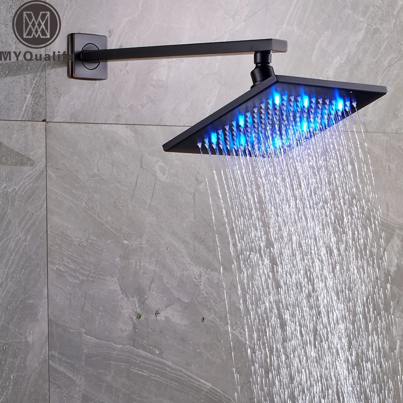 Afralia™ 8" Brass Square LED Rainfall Shower Head with Wall Mount Arm Pipe