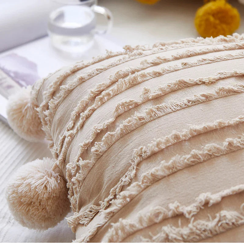Afralia™ Floral Tassel Square Pillow Cover Grey Yellow White 18" Pom-Pom