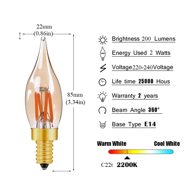 Afralia™ LED Filament Bulb C22T Gold Tint Candle Lamp E12 2W 2200K Chandelier Decoration