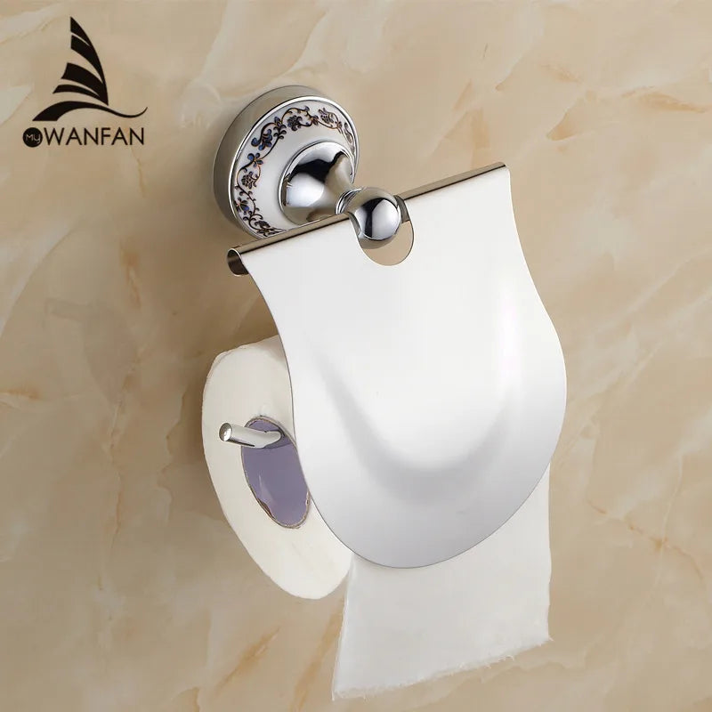 Afralia™ Wall Mount Toilet Paper Holder Metal Chrome Silver Blue & White Porcelain Bathroom Accessories