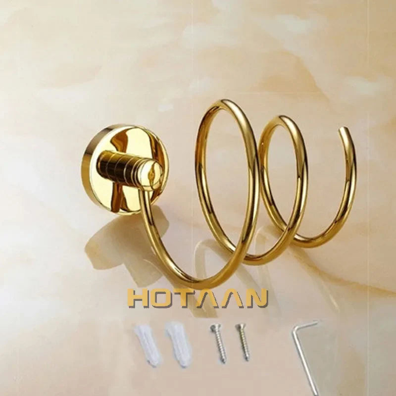 Afralia™ Brass Hair Dryer Holder Stand Shelf Rack in Gold Color Solid & Anti-rust (YT-8204)