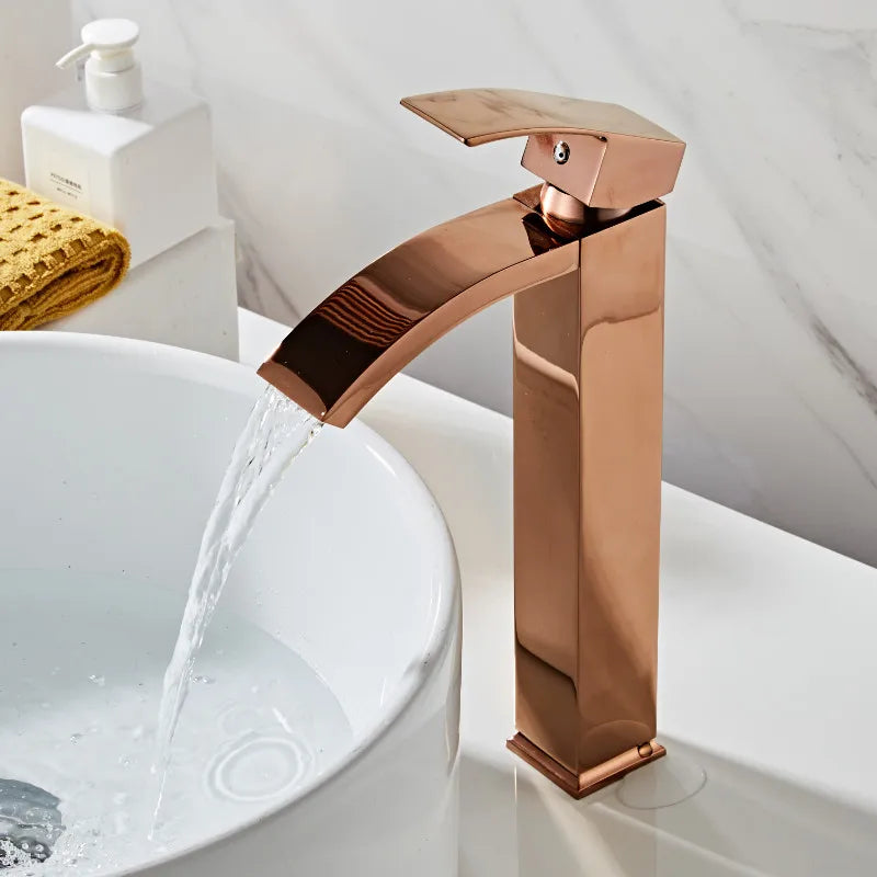 Afralia™ Rose Gold Basin Faucet Waterfall Single Handle Bathroom Sink Wash Tap