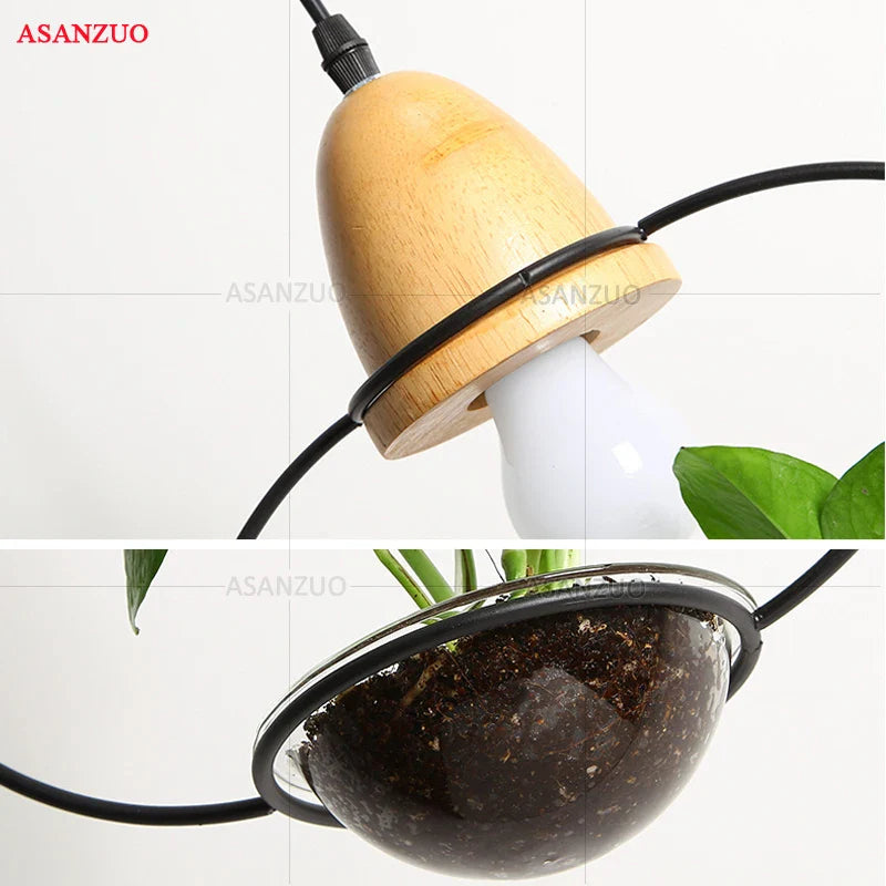 Afralia™ Modern Green Plant Pendant Light with Glass Bowl - Wood Hang Lamp