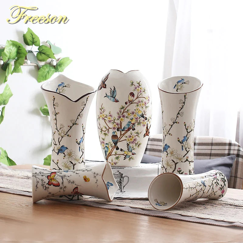 Afralia™ Bird Butterfly Porcelain Vase: British Rural Ceramic Flower Decoration