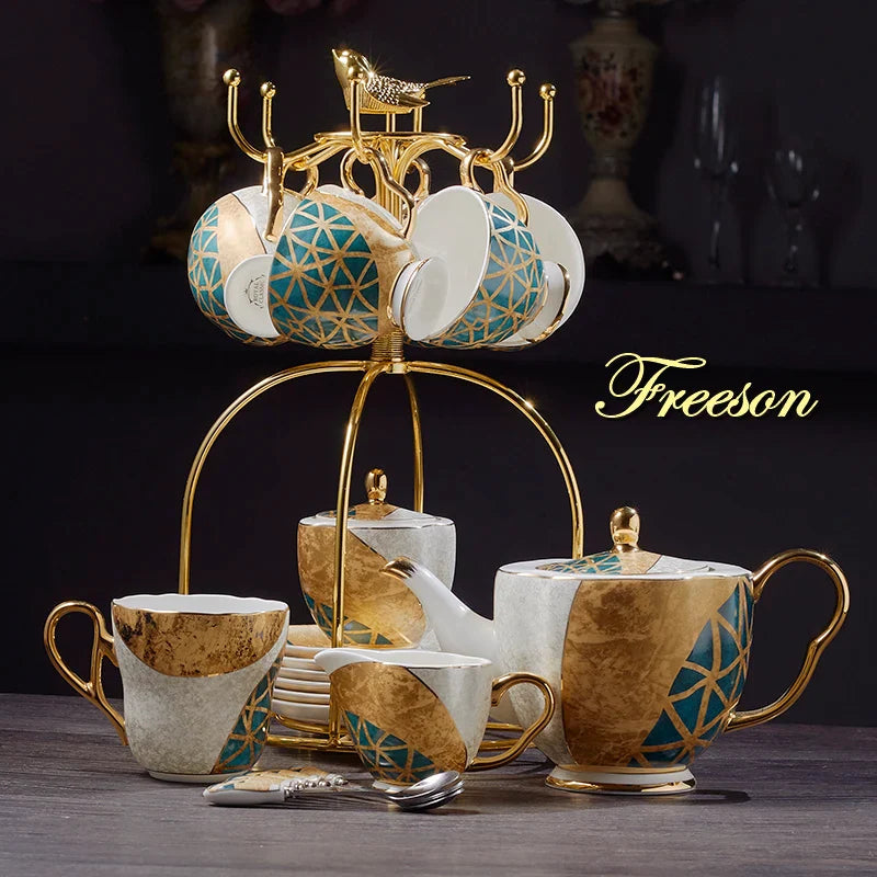 Afralia™ Luxe Gold Inlay Bone China Coffee Set: Teapot, Cup, Sugar Bowl, Creamer, Mug