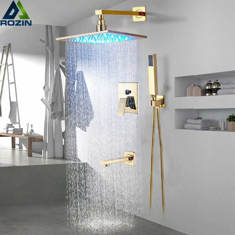 Afralia™ Golden LED Rainfall Shower Faucet with 3-way Mixer and Brass Spout
