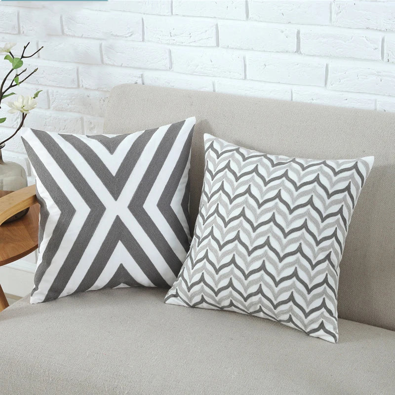 Afralia™ Grey Pink Geometric Embroidered Cushion Cover, 45x45cm